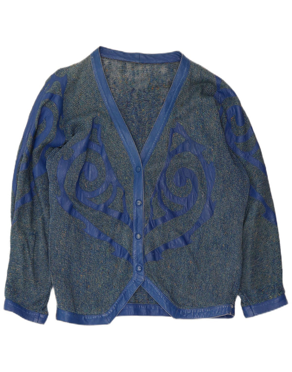 VINTAGE Womens Graphic Cardigan Sweater UK 16 Large Blue Flecked
