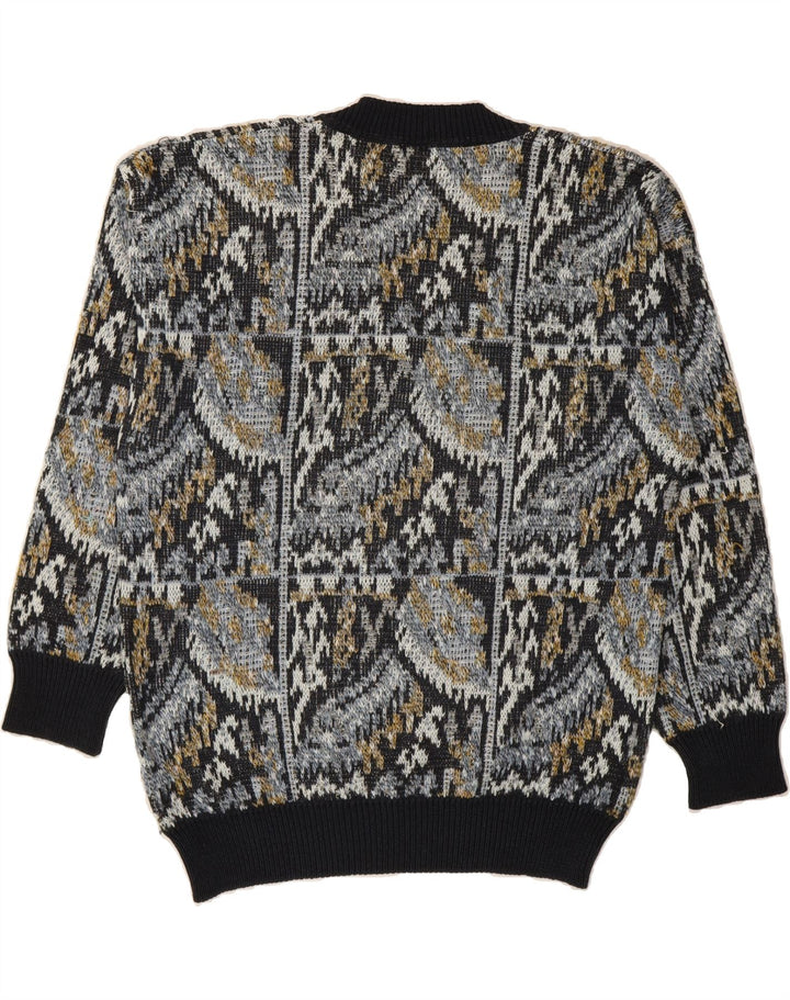 FIUME Mens Abstract Pattern V-Neck Jumper Sweater IT 52 Large Navy Blue Vintage Fiume and Second-Hand Fiume from Messina Hembry 