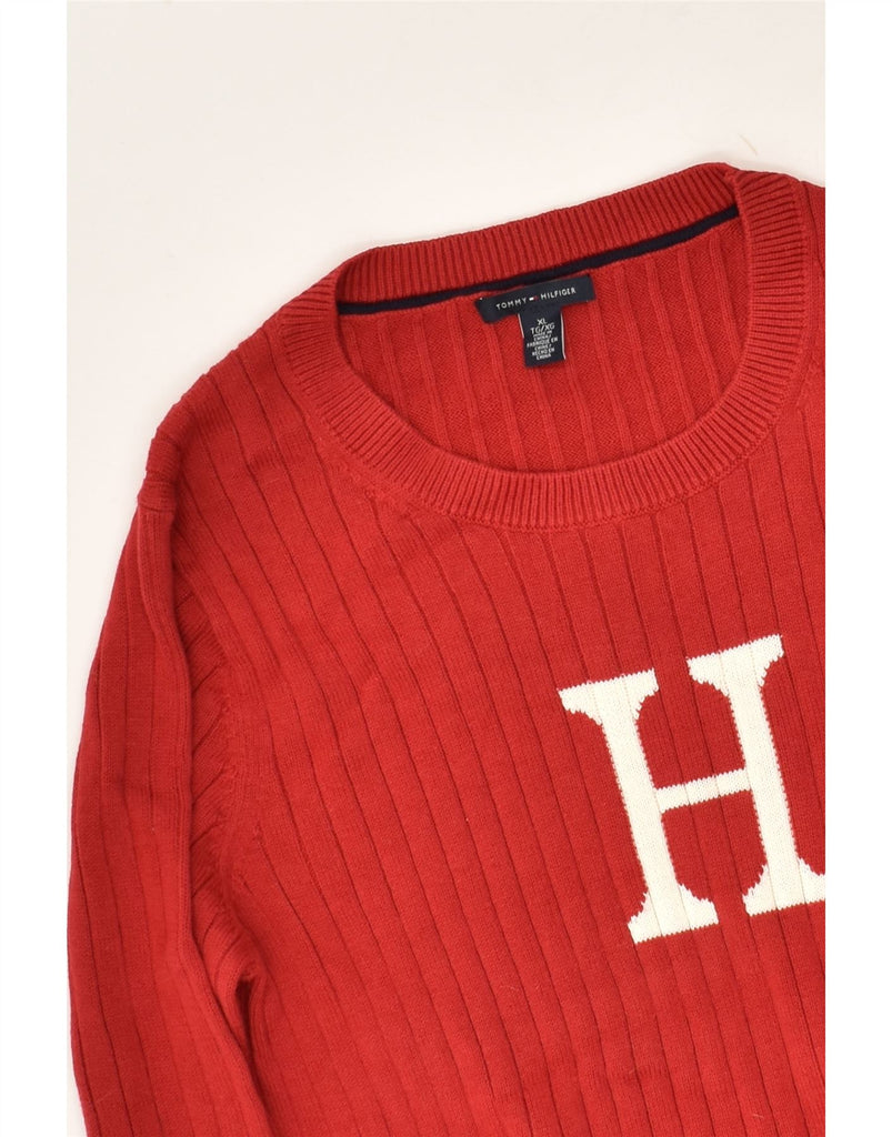 TOMMY HILFIGER Womens Graphic Boat Neck Jumper Sweater UK 18 XL Red Cotton | Vintage Tommy Hilfiger | Thrift | Second-Hand Tommy Hilfiger | Used Clothing | Messina Hembry 