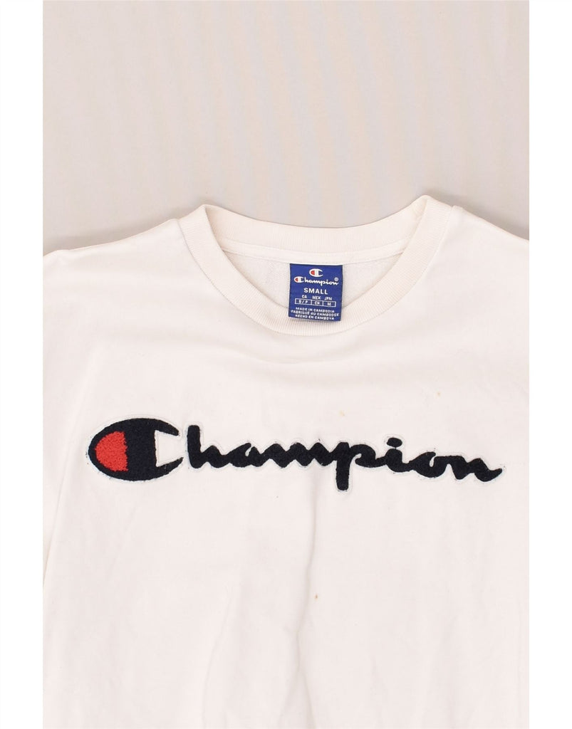 CHAMPION Mens Graphic Sweatshirt Jumper Small White Cotton | Vintage Champion | Thrift | Second-Hand Champion | Used Clothing | Messina Hembry 