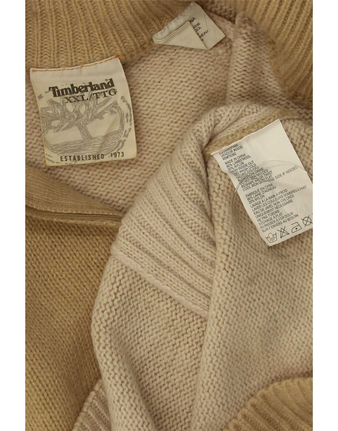 Timberland Mens Zip Neck Jumper Sweater 2XL Beige Lambswool