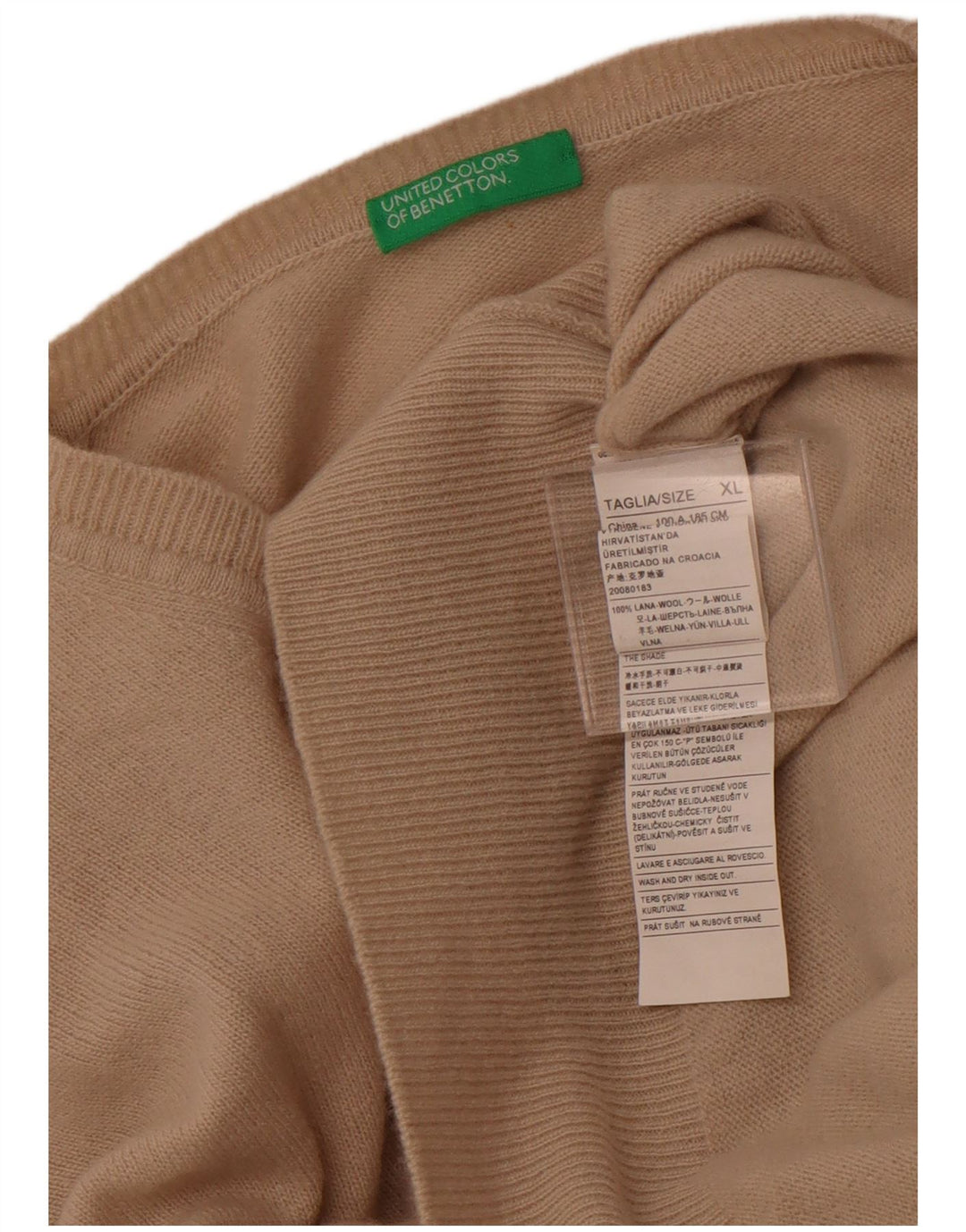 BENETTON Mens V-Neck Jumper Sweater XL Beige Wool