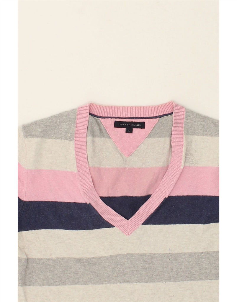 TOMMY HILFIGER Womens V-Neck Jumper Sweater UK 10 Small Pink Striped | Vintage Tommy Hilfiger | Thrift | Second-Hand Tommy Hilfiger | Used Clothing | Messina Hembry 