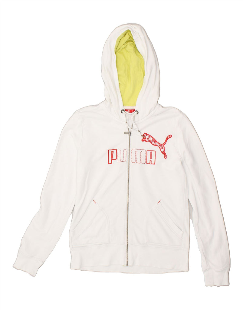 PUMA Womens Graphic Zip Hoodie Sweater UK 14 Medium White Vintage Puma and Second-Hand Puma from Messina Hembry 