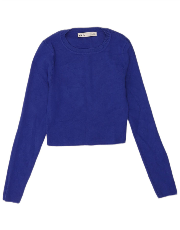 Zara Womens Crop Top Long Sleeve UK 8 Small Blue Viscose