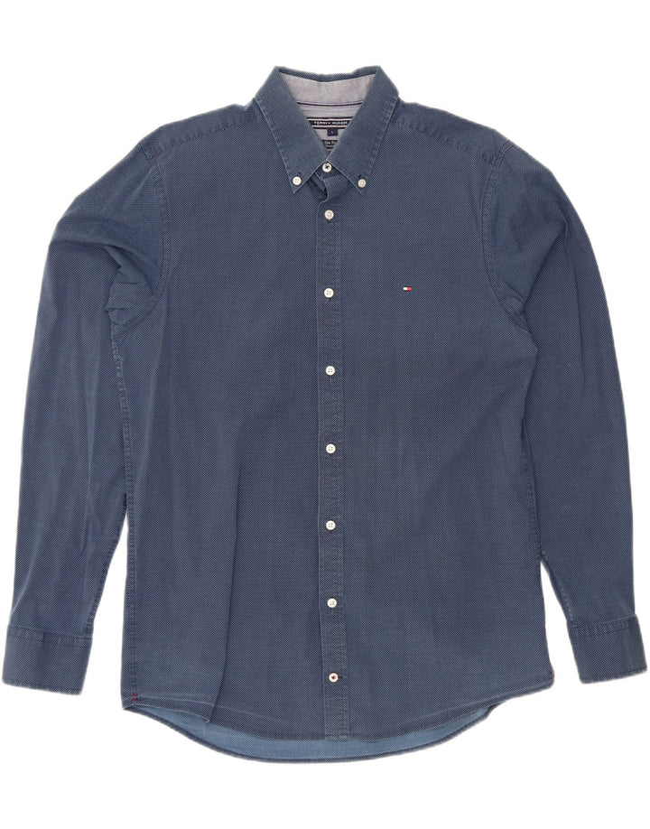 TOMMY HILFIGER Mens Slim Fit Shirt Large Blue Spotted Cotton Vintage Tommy Hilfiger and Second-Hand Tommy Hilfiger from Messina Hembry 