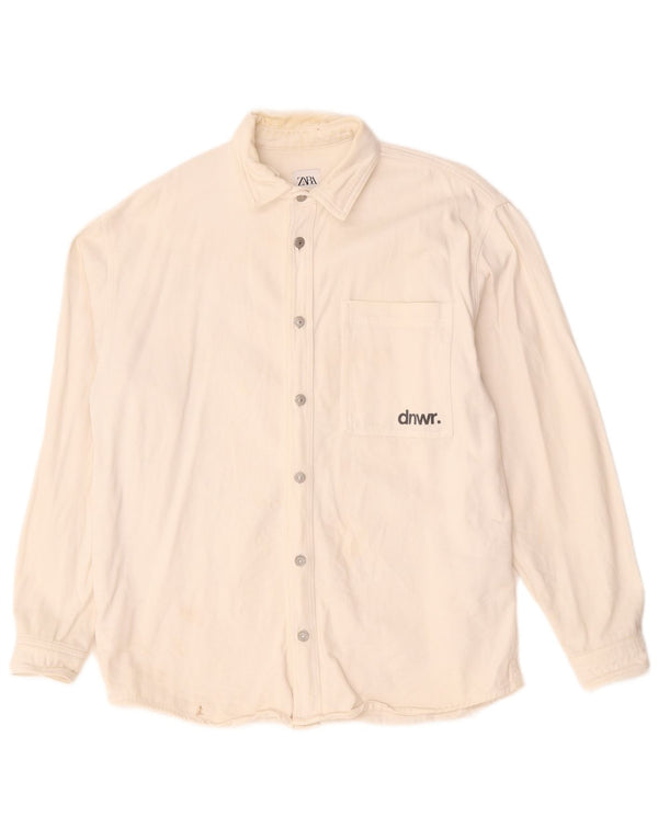 Zara Mens Graphic Relaxed Fit Denim Shirt Medium White Cotton