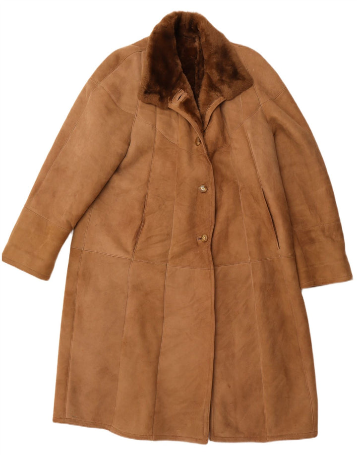 VINTAGE Womens Shearling Coat IT 52 2XL Brown Shearling
