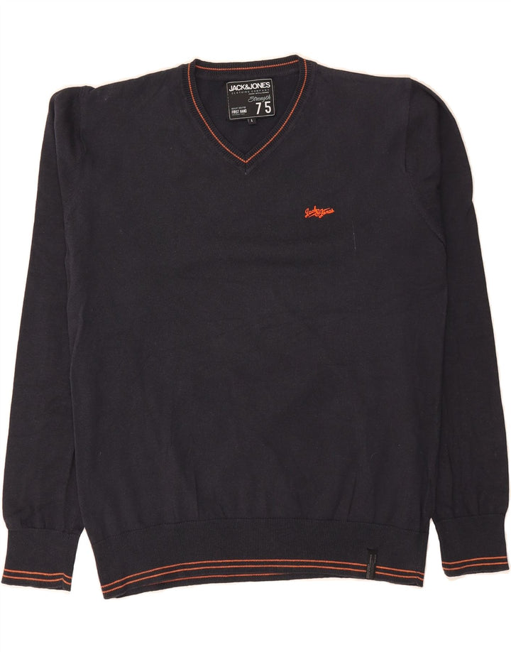 JACK & JONES Mens V-Neck Jumper Sweater Large Navy Blue Cotton Vintage Jack & Jones and Second-Hand Jack & Jones from Messina Hembry 
