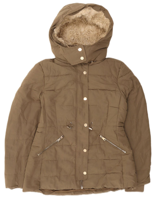 Zara Womens Hooded Sherpa Padded Jacket UK 10 Small Khaki Polyester