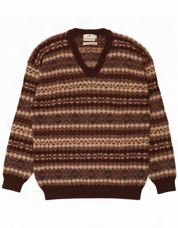 Derby Mens V-Neck Jumper Sweater Large Brown Fair Isle Wool