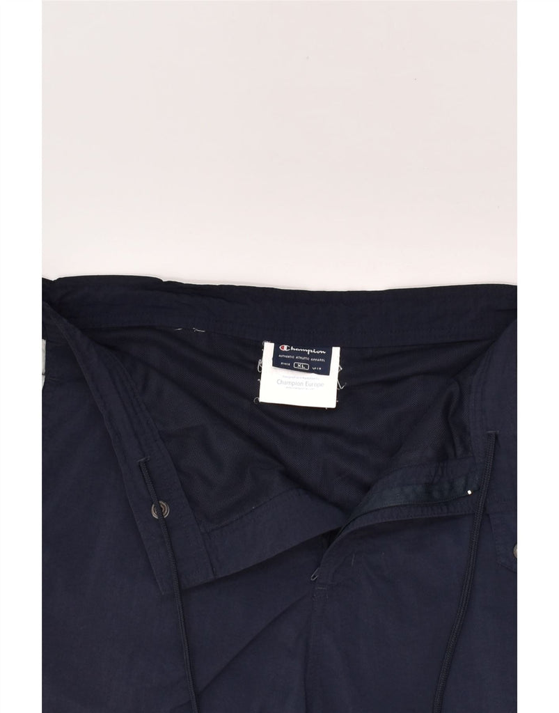 CHAMPION Mens Graphic Sport Shorts XL Navy Blue Colourblock Polyamide | Vintage Champion | Thrift | Second-Hand Champion | Used Clothing | Messina Hembry 