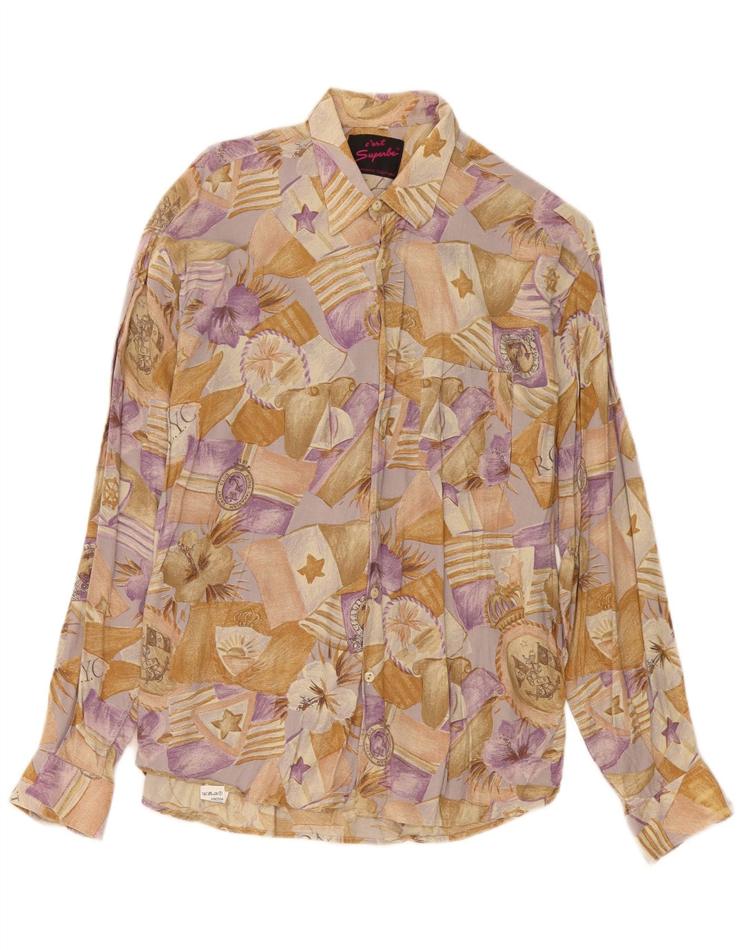 Vintage Mens Shirt Medium Beige Floral Viscose