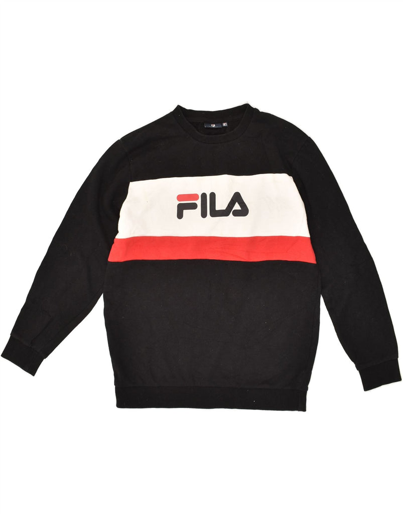 FILA Mens Graphic Sweatshirt Jumper Small Black Colourblock Cotton | Vintage Fila | Thrift | Second-Hand Fila | Used Clothing | Messina Hembry 