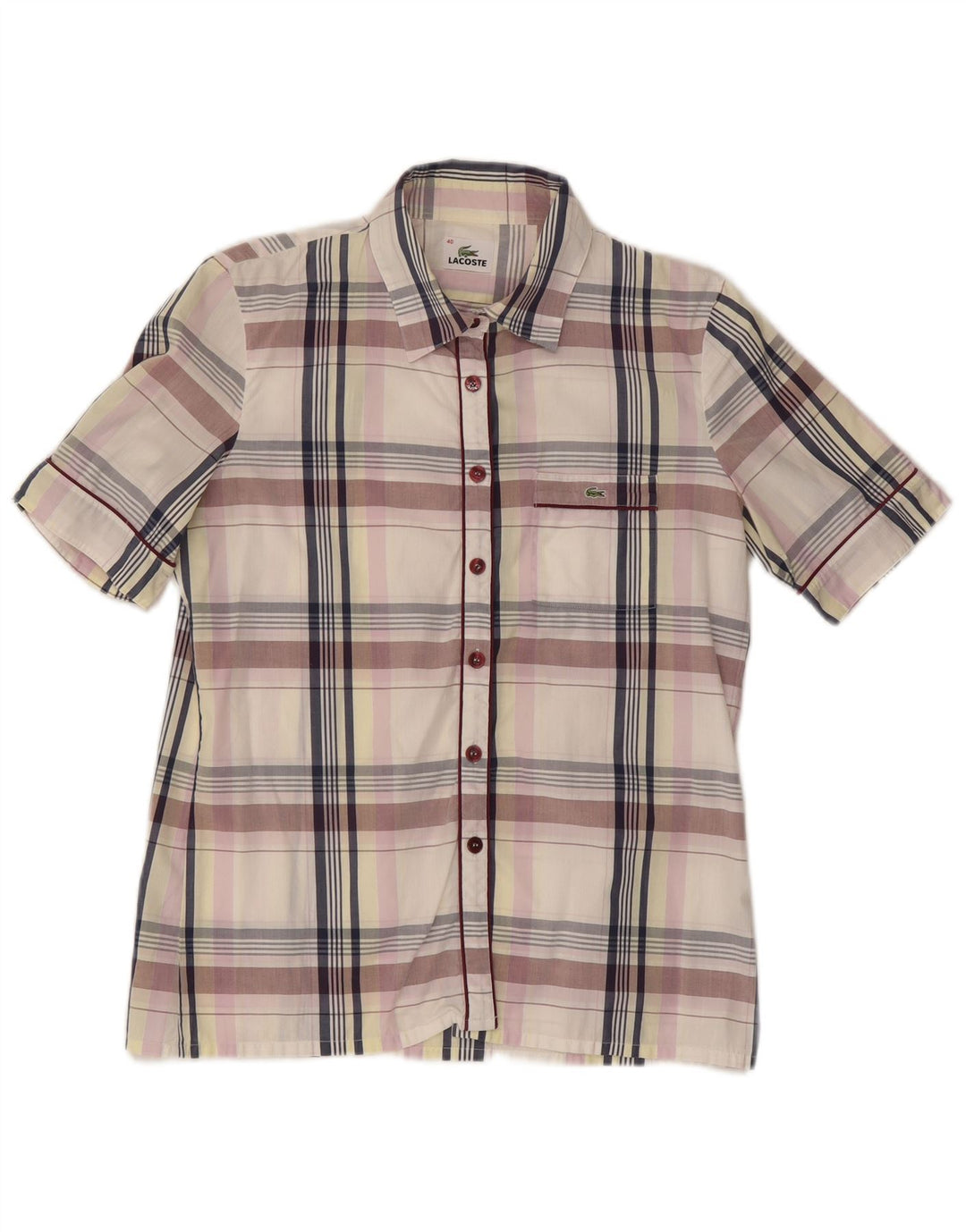 Lacoste Womens Short Sleeve Shirt Size 40 Medium White Check Cotton