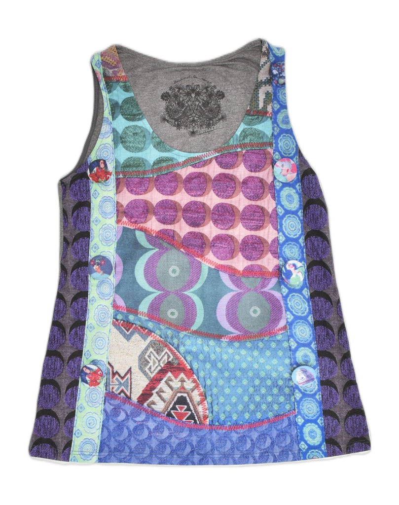 DESIGUAL Womens Graphic Vest Top UK 14 Large Grey Patchwork Polyester | Vintage Desigual | Thrift | Second-Hand Desigual | Used Clothing | Messina Hembry 