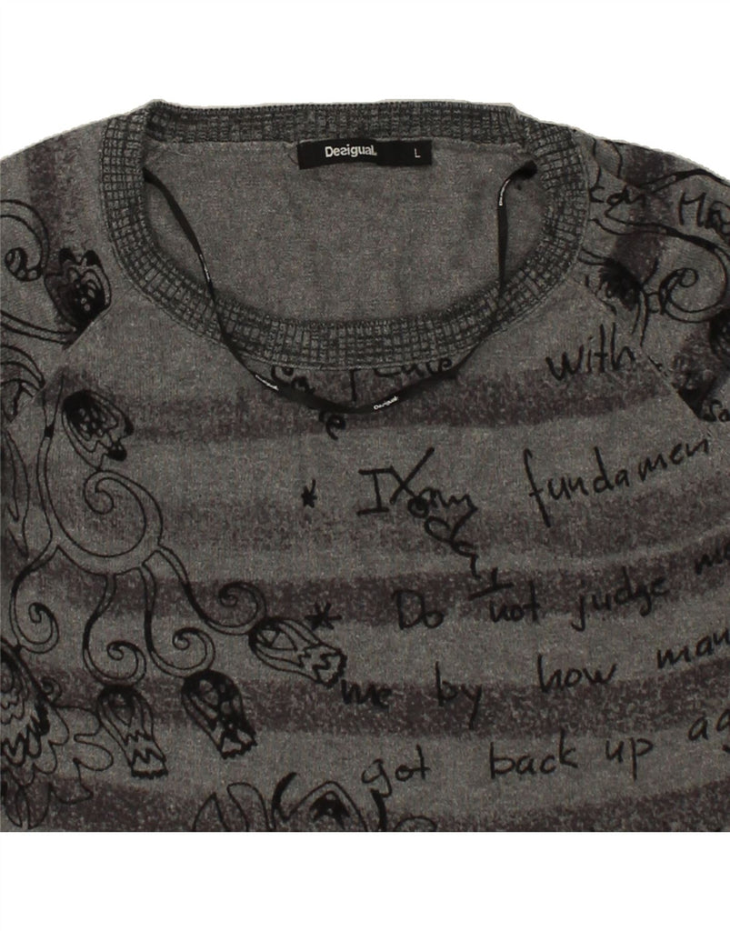 DESIGUAL Womens Crew Neck Jumper Sweater UK 14 Large Grey Floral Cotton Vintage Desigual and Second-Hand Desigual from Messina Hembry 