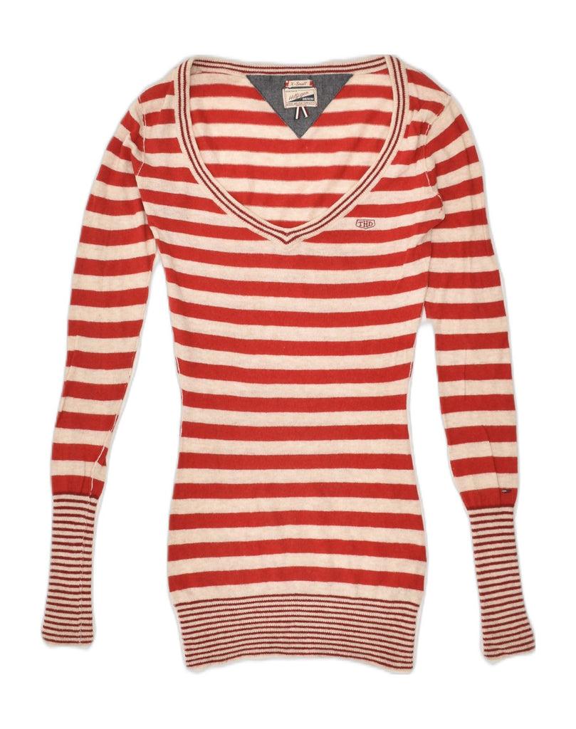 TOMMY HILFIGER Womens V-Neck Jumper Sweater UK 4 XS Red Striped Viscose | Vintage Tommy Hilfiger | Thrift | Second-Hand Tommy Hilfiger | Used Clothing | Messina Hembry 