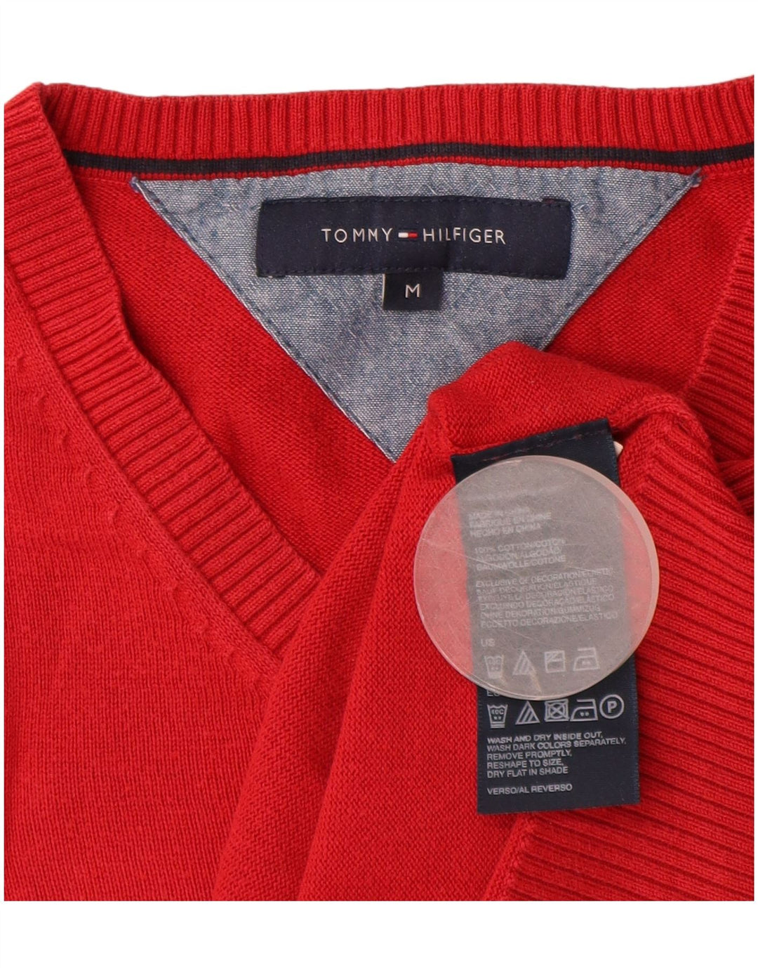 TOMMY HILFIGER Mens V-Neck Jumper Sweater Medium Red Cotton