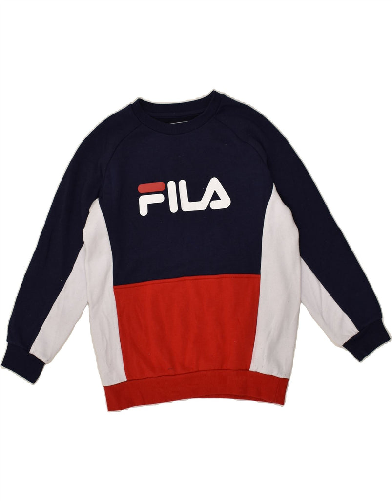 FILA Boys Graphic Sweatshirt Jumper 12-13 Years Navy Blue Colourblock | Vintage Fila | Thrift | Second-Hand Fila | Used Clothing | Messina Hembry 