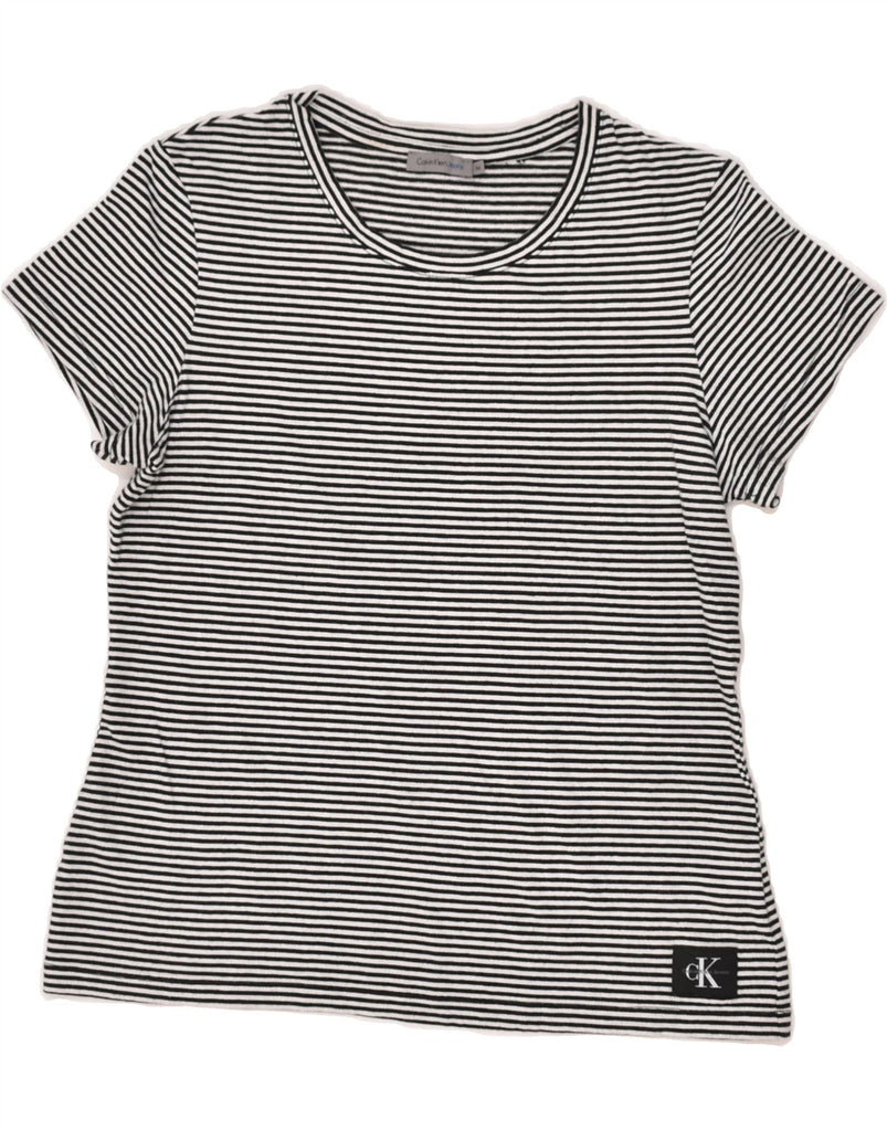 CALVIN KLEIN Womens T-Shirt Top UK 12 Medium Black Striped Cotton | Vintage Calvin Klein | Thrift | Second-Hand Calvin Klein | Used Clothing | Messina Hembry 