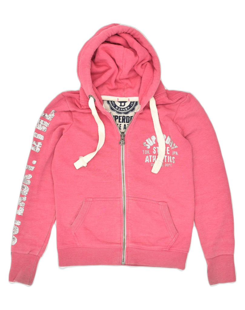 SUPERDRY Womens Graphic Zip Hoodie Sweater UK 10 Small Pink Cotton | Vintage Superdry | Thrift | Second-Hand Superdry | Used Clothing | Messina Hembry 