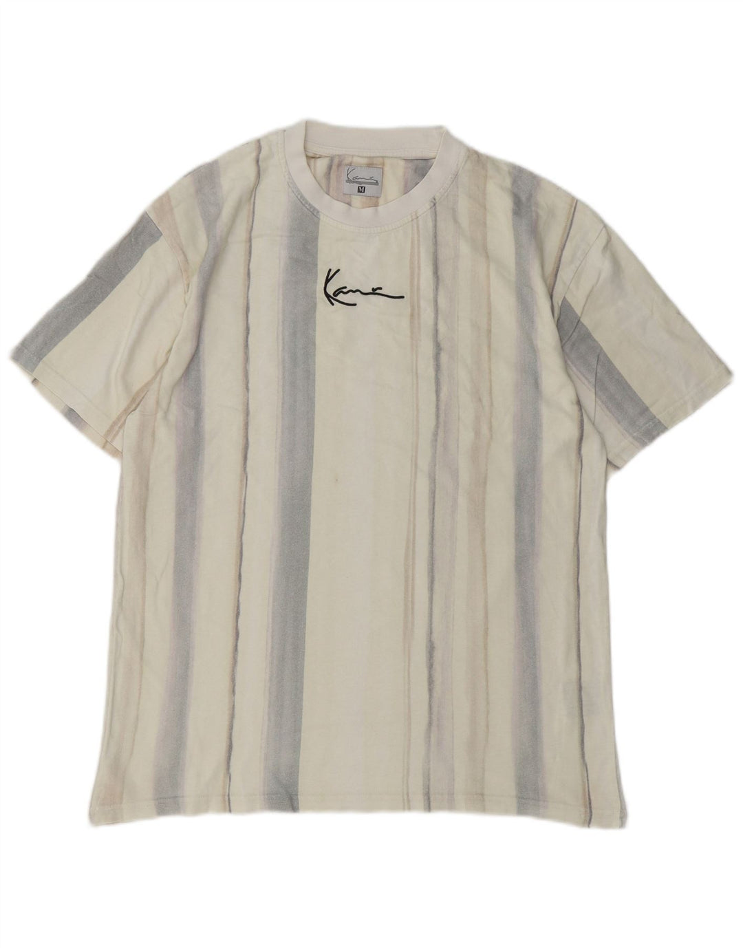 KARL KANI Mens Graphic T-Shirt Top Medium Beige Striped Cotton