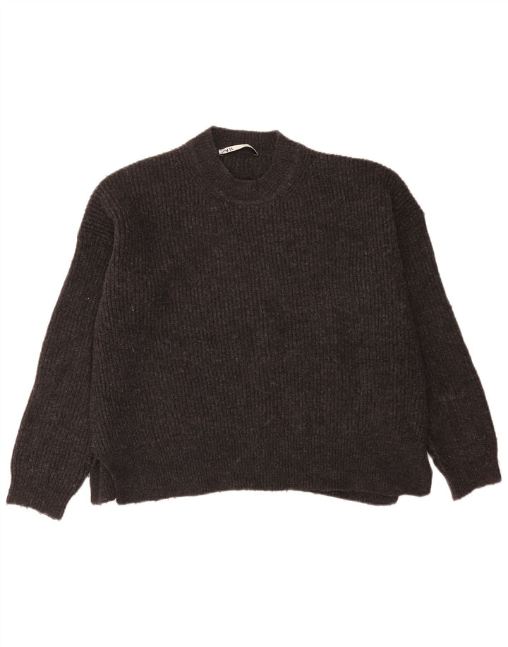 Zara Womens Crop Oversized Crew Neck Jumper Sweater UK 10 Small Grey