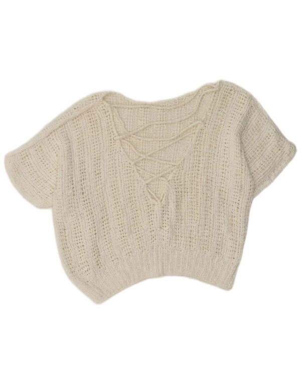 Vintage Womens Crop Short Sleeve V-Neck Jumper Sweater UK 14 Medium White