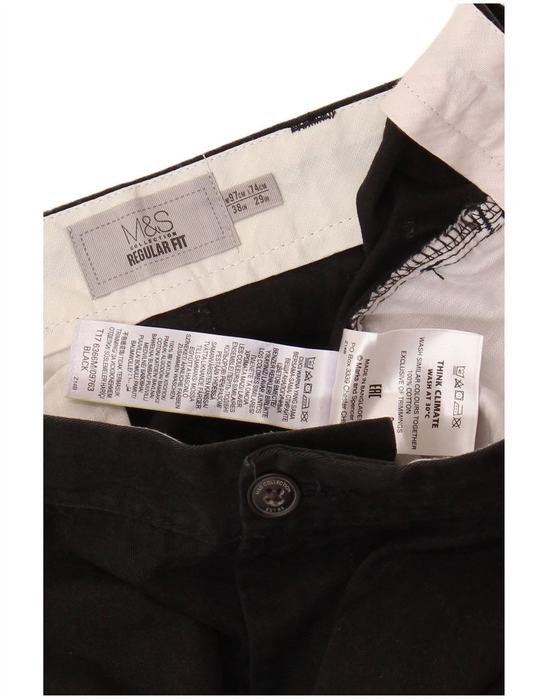MARKS & SPENCER Mens Regular Fit Straight Chino Trousers W38 L29 Black