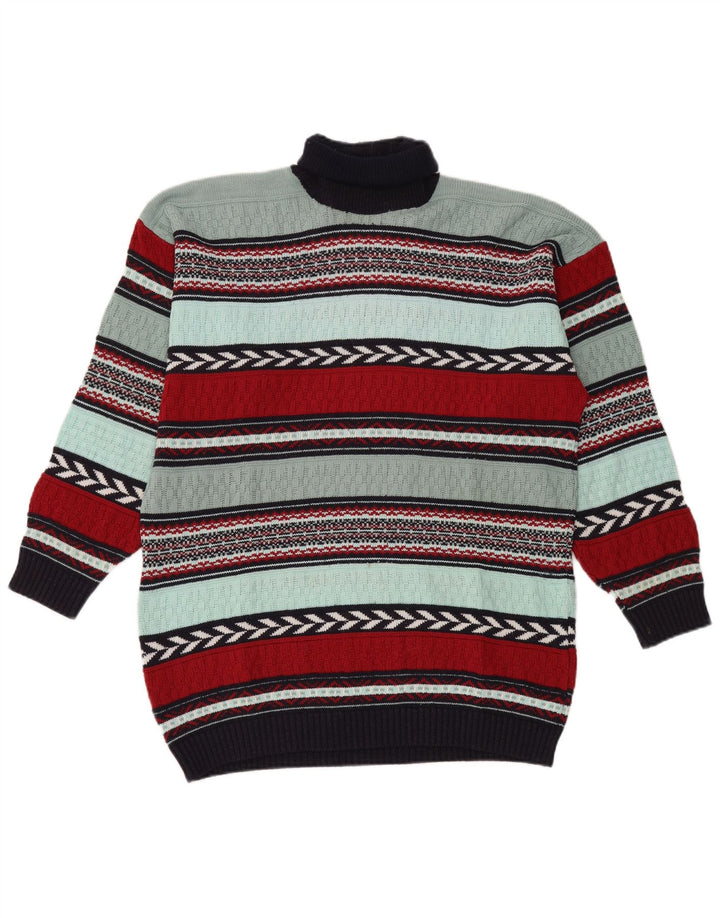 Vintage Mens Roll Neck Jumper Sweater Large Multicoloured Striped Wool