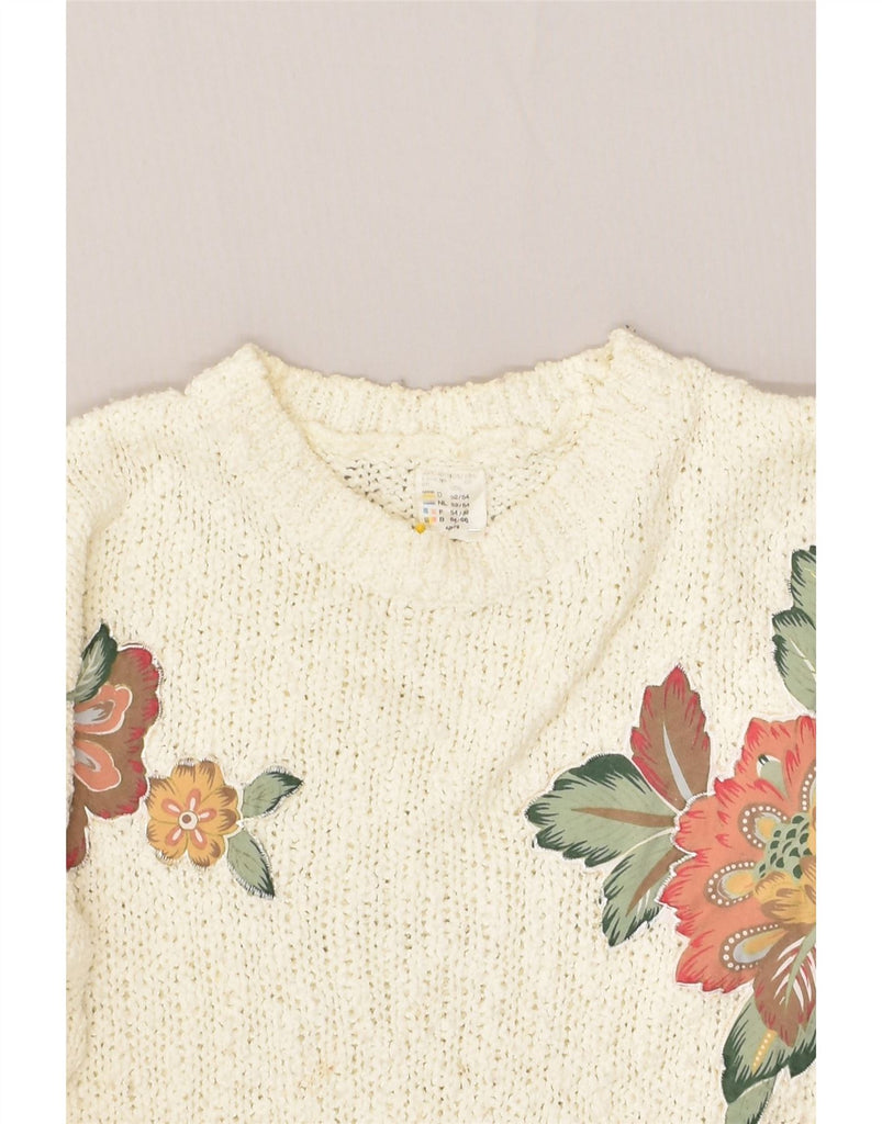 VINTAGE Womens V-Neck Jumper Sweater IT 52/54 2XL White Floral Polyacrylic | Vintage Vintage | Thrift | Second-Hand Vintage | Used Clothing | Messina Hembry 