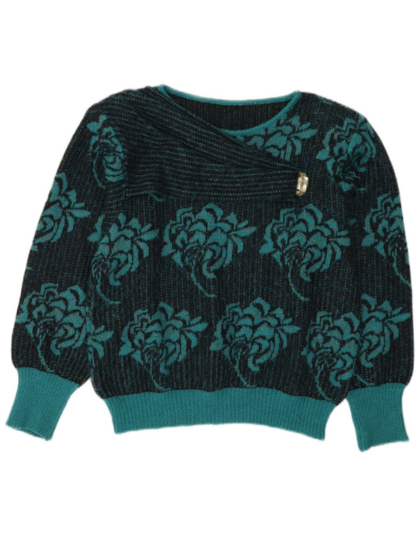 Vintage Womens Boat Neck Jumper Sweater UK 14 Medium Turquoise Floral