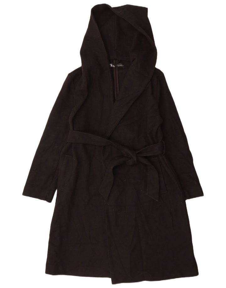 Zara Womens Hooded Overcoat UK 14 Medium Black Polyester