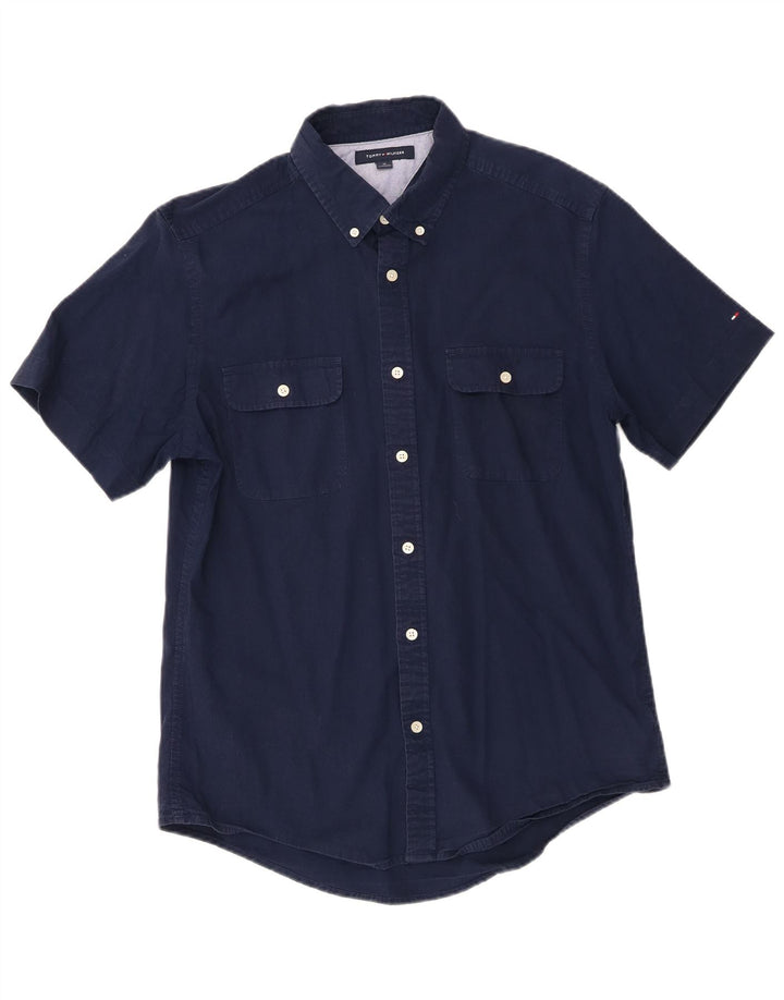 TOMMY HILFIGER Mens Short Sleeve Shirt Medium Navy Blue Cotton