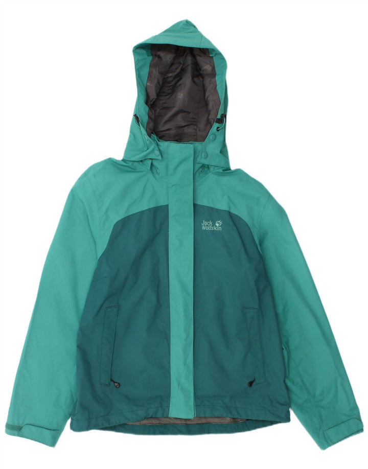 Jack Wolfskin Womens Hooded Rain Jacket UK 10 Small Turquoise Colourblock