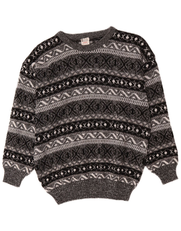 Vintage Womens Boat Neck Jumper Sweater UK 16 Large Grey Fair Isle Acrylic