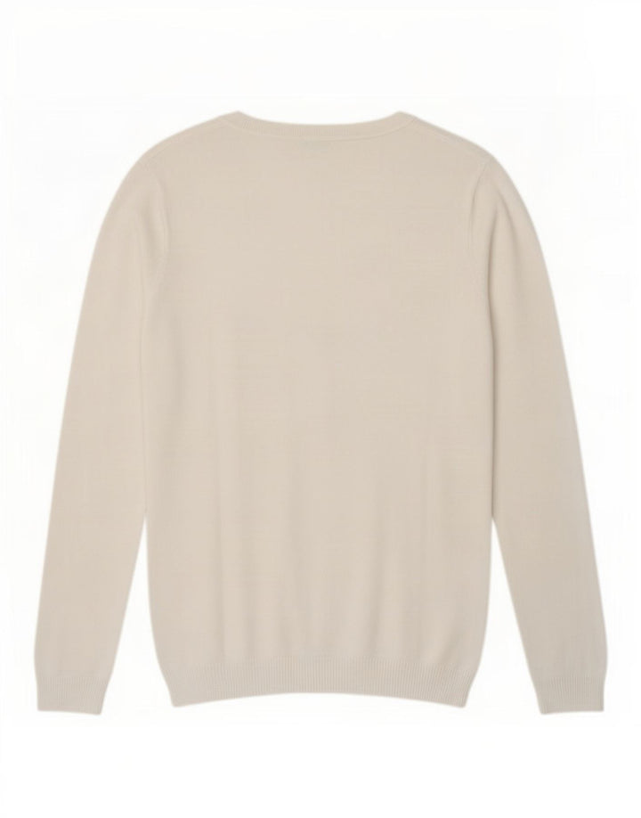 Guess Womens Graphic V-Neck Jumper Sweater UK 12 Medium White