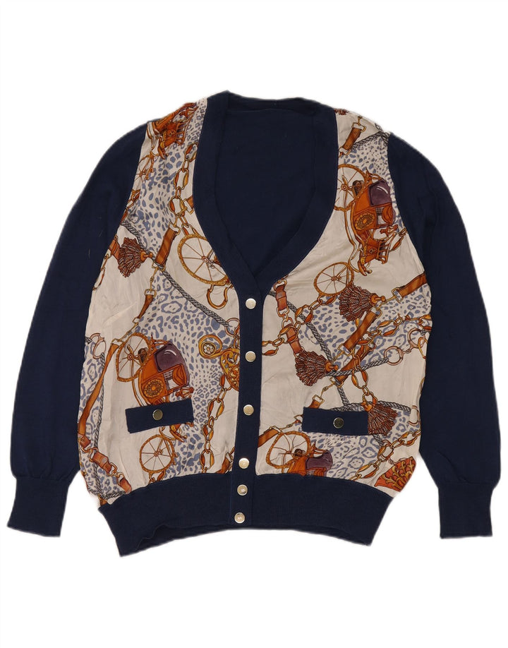 Vintage Womens Abstract Pattern Cardigan Sweater UK 16 Large Navy Blue