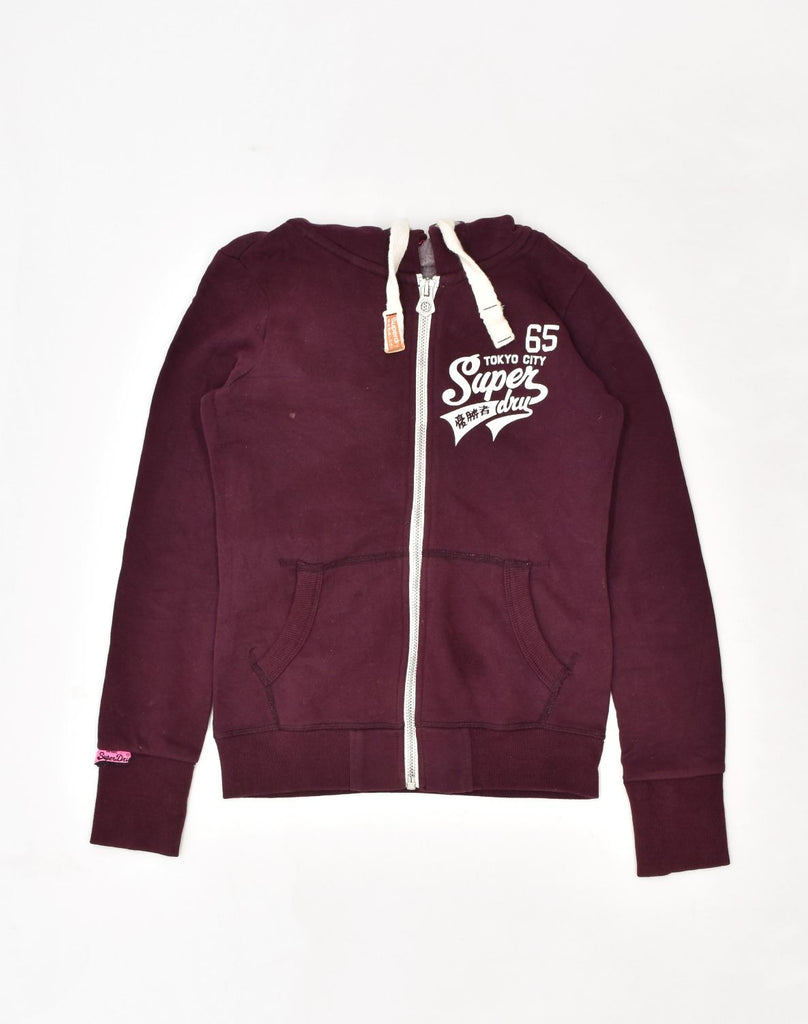 SUPERDRY Womens Graphic Zip Hoodie Sweater UK 6 XS Burgundy Cotton | Vintage | Thrift | Second-Hand | Used Clothing | Messina Hembry 