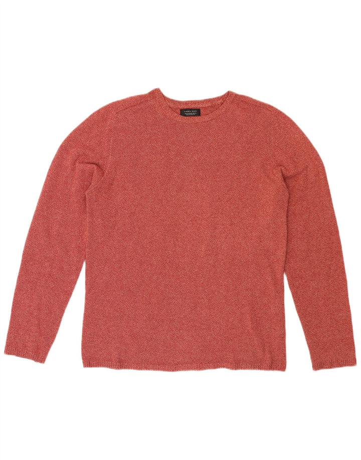 Zara Mens Crew Neck Jumper Sweater Medium Red Flecked Cotton