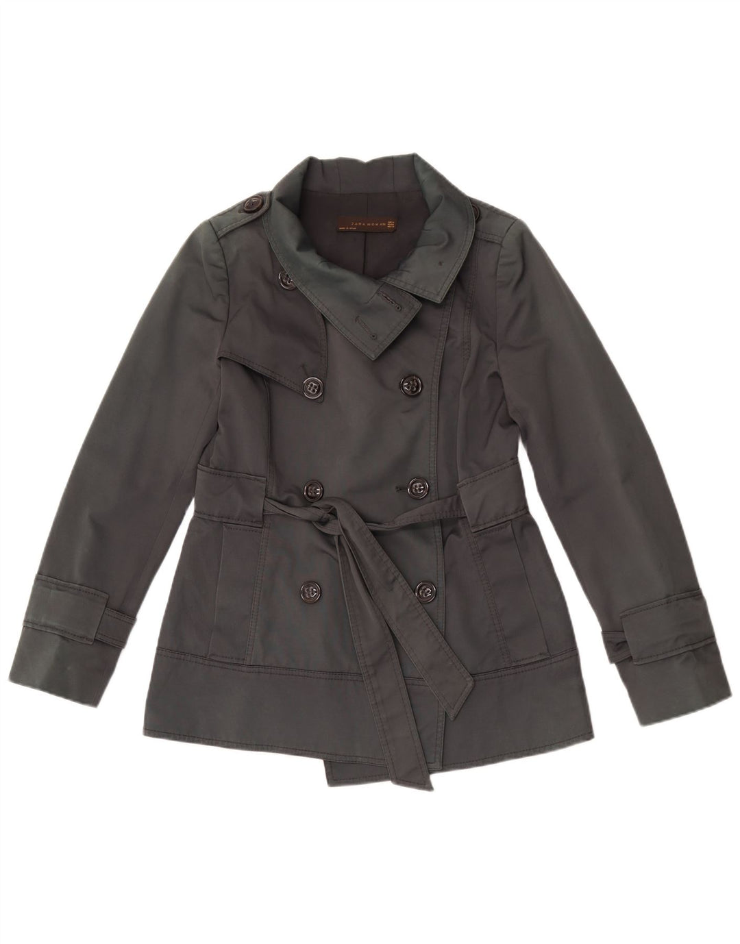 Zara Womens Short Double Breasted Trench Coat UK 14 Medium Grey Cotton