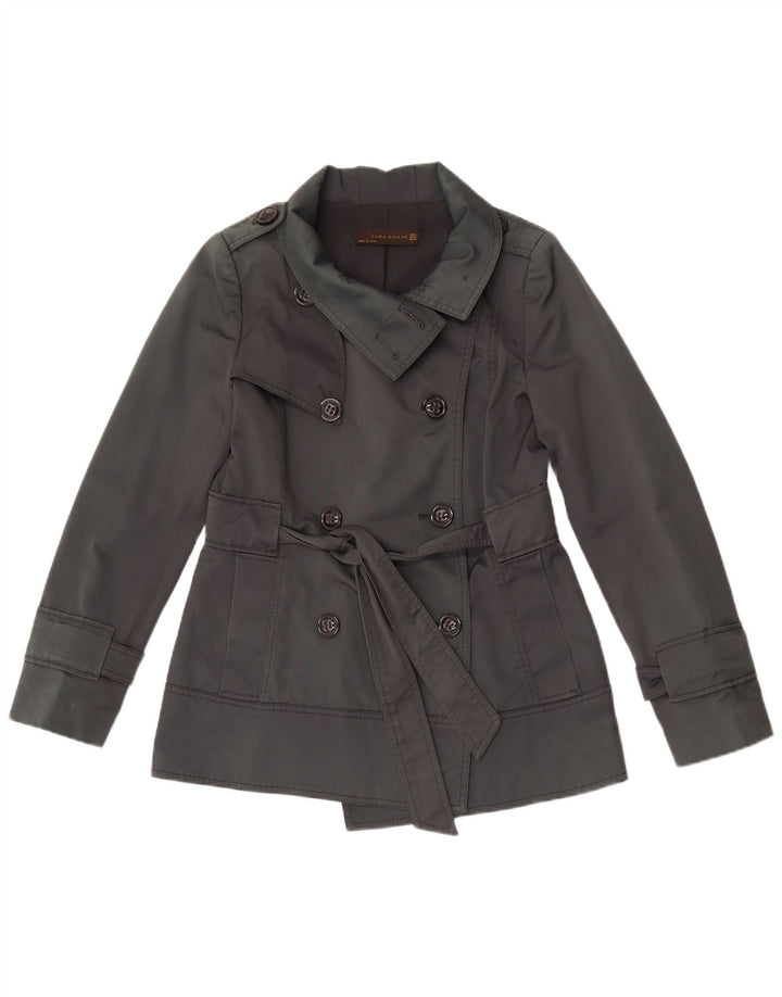 Zara Womens Short Double Breasted Trench Coat UK 14 Medium Grey Cotton