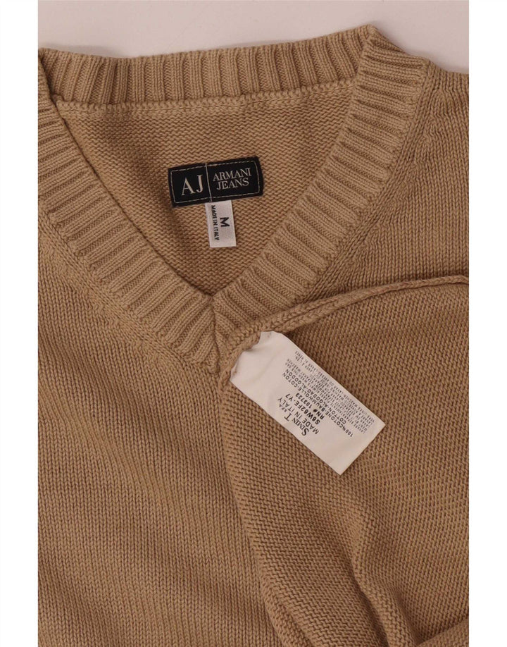 Armani Jeans Mens V-Neck Jumper Sweater Medium Beige Cotton