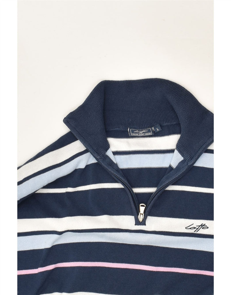 LOTTO Mens Zip Neck Jumper Sweater Large Navy Blue Striped Cotton | Vintage Lotto | Thrift | Second-Hand Lotto | Used Clothing | Messina Hembry 