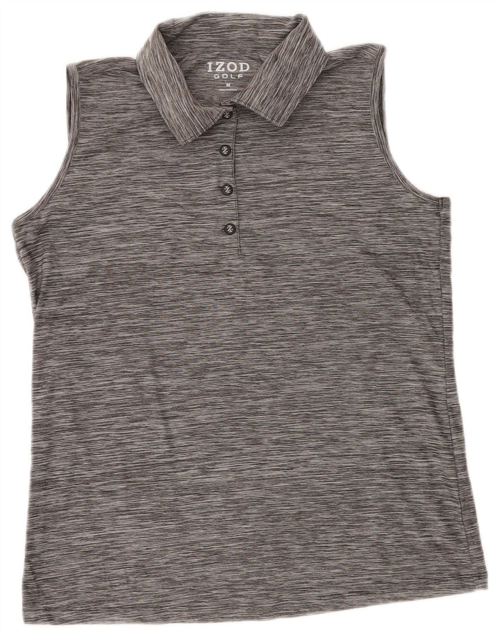 IZOD Womens Sleeveless Polo Shirt UK 12 Medium Grey Pinstripe Polyester