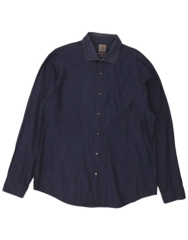 Calvin Klein Mens Fitted Shirt Size 17 XL Navy Blue Cotton