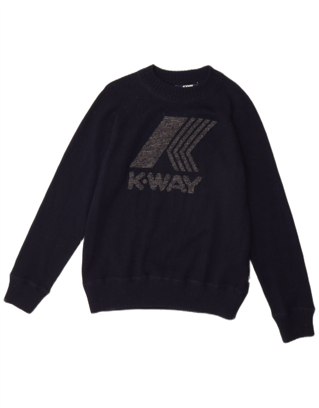 K-WAY Womens Graphic Boat Neck Jumper Sweater UK 12 Medium Navy Blue Wool