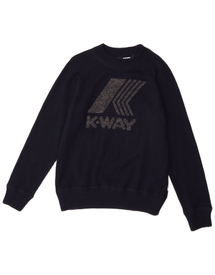 K-WAY Womens Graphic Boat Neck Jumper Sweater UK 12 Medium Navy Blue Wool