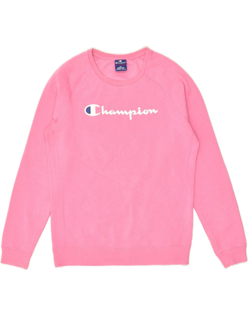 CHAMPION Womens Graphic Sweatshirt Jumper UK 14 Medium Pink Cotton | Vintage Champion | Thrift | Second-Hand Champion | Used Clothing | Messina Hembry 